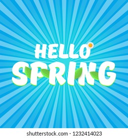 vector hello spring cut paper banner with text and flowers. hello spring slogan or label isolated on blue rays background