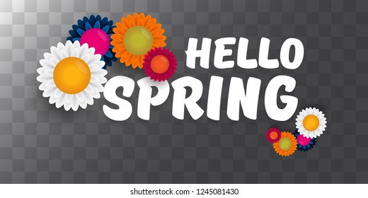 vector hello spring cut paper horizontal banner with text and flowers. hello spring slogan or label isolated on transparent background