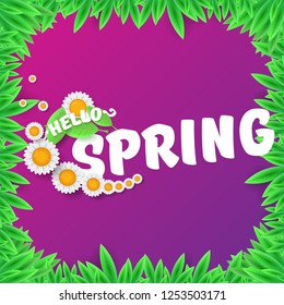 vector hello spring cut paper banner with text and flowers. hello spring slogan or label isolated on violet background with green floral frame