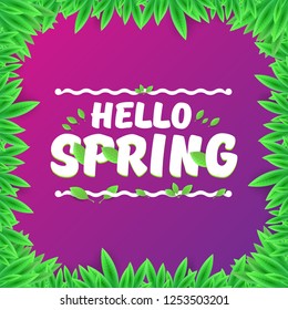 vector hello spring cut paper banner with text and flowers. hello spring slogan or label isolated on violet background with green floral frame