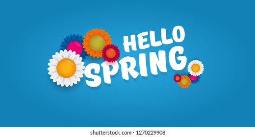 vector hello spring cut paper horizontal banner with text and flowers. hello spring slogan or label isolated on blue background