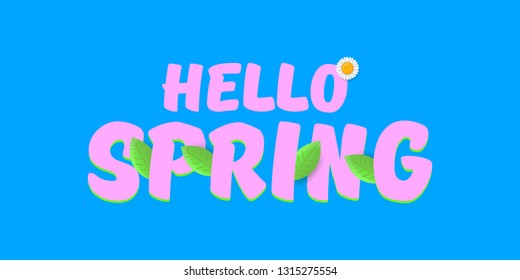 vector hello spring cut paper horizontal banner with text and flowers. hello spring slogan or label isolated on blue background