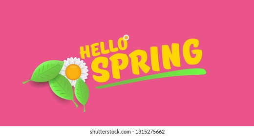 vector hello spring cut paper horizontal banner with text and flowers. hello spring slogan or label isolated on pink background