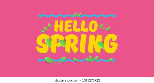 vector hello spring cut paper horizontal banner with text and flowers. hello spring slogan or label isolated on pink background