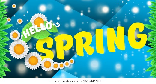 vector hello spring cut paper horizontal banner with text and flowers. hello spring slogan or label isolated on abstract blue background