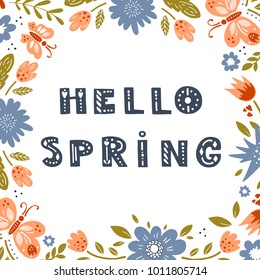 Vector Hello Spring Flowers Butterflies Text Background, flower frame