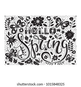 Vector Hello Spring Flowers Butterflies Text Background