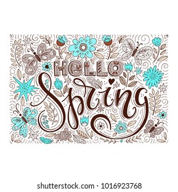 Vector Hello Spring Flowers Butterflies Text Background