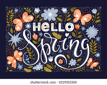 Vector Hello Spring Flowers Butterflies Text Background