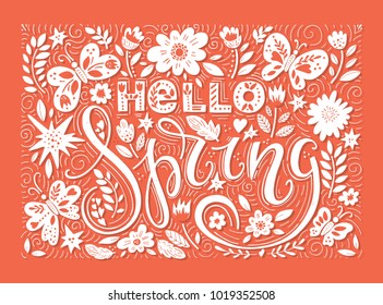 Vector Hello Spring Flowers Butterflies Text Background