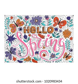 Vector Hello Spring Flowers Butterflies Text Background