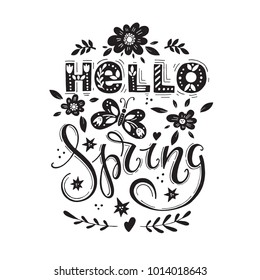 Vector Hello spring greeting card. Hand drawn illustration on white background. Flowers, butterflies and lettering.