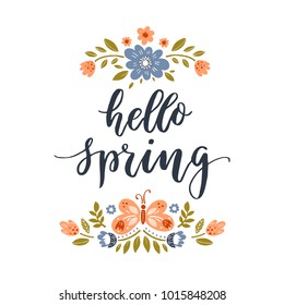 Vector Hello spring greeting card. Hand drawn illustration on white background. Flowers, butterflies and lettering.