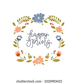 Vector Hello spring greeting card. Hand drawn illustration on white background. Flowers, butterflies wreath and lettering.