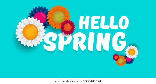 vector hello spring horizontal banner with text and flowers. hello spring slogan or label isolated on turquoise background