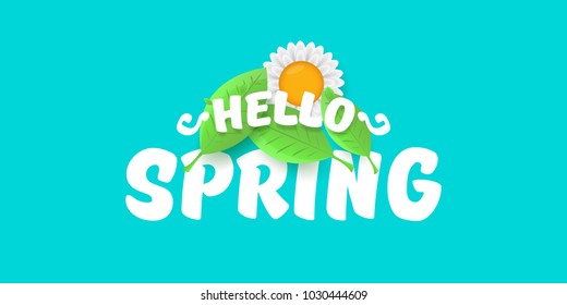 vector hello spring horizontal banner with text and flowers. hello spring slogan or label isolated on turquoise background