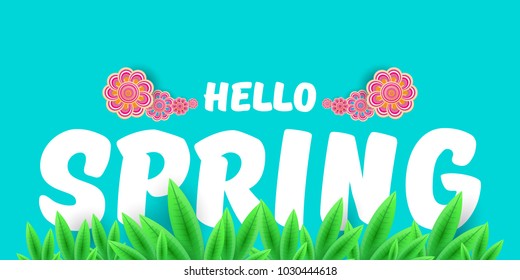 vector hello spring horizontal banner with text and flowers. hello spring slogan or label isolated on turquoise background