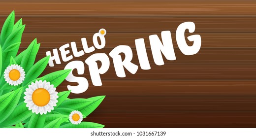 vector hello spring horizontal banner with text and flowers. hello spring slogan or label isolated on wooden background