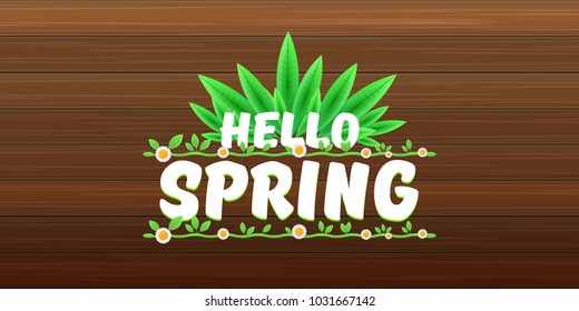 vector hello spring horizontal banner with text and flowers. hello spring slogan or label isolated on wooden background