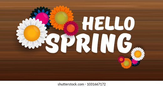 vector hello spring horizontal banner with text and flowers. hello spring slogan or label isolated on wooden background