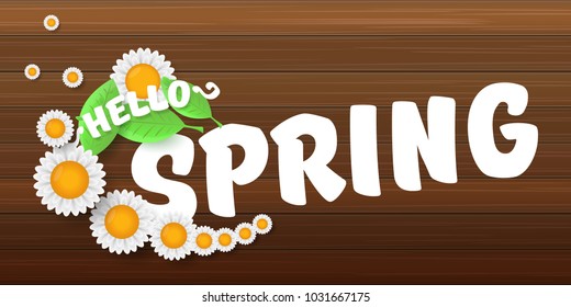 vector hello spring horizontal banner with text and flowers. hello spring slogan or label isolated on wooden background