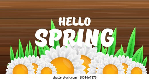 vector hello spring horizontal banner with text and flowers. hello spring slogan or label isolated on wooden background