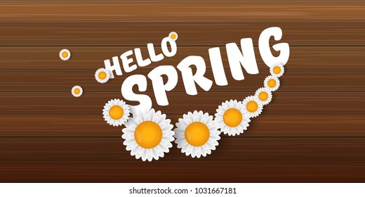 vector hello spring horizontal banner with text and flowers. hello spring slogan or label isolated on wooden background