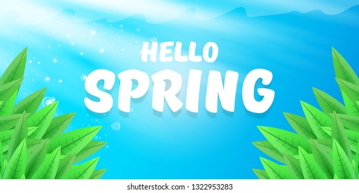 vector hello spring horizontal banner with green grass, blue sky and flowers. hello spring flyer, banner or horizontal background with green field landscape