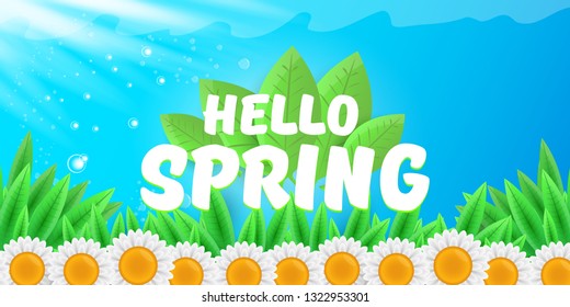 vector hello spring horizontal banner with green grass, blue sky and flowers. hello spring flyer, banner or horizontal background with green field landscape