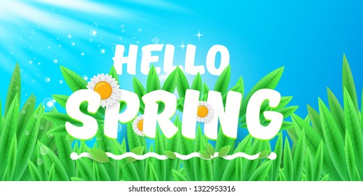 vector hello spring horizontal banner with green grass, blue sky and flowers. hello spring flyer, banner or horizontal background with green field landscape