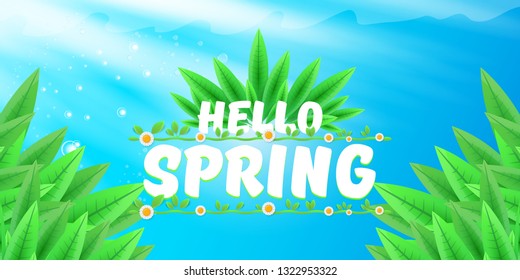vector hello spring horizontal banner with green grass, blue sky and flowers. hello spring flyer, banner or horizontal background with green field landscape