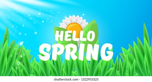 vector hello spring horizontal banner with green grass, blue sky and flowers. hello spring flyer, banner or horizontal background with green field landscape