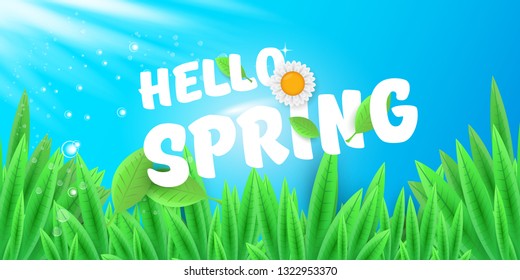 vector hello spring horizontal banner with green grass, blue sky and flowers. hello spring flyer, banner or horizontal background with green field landscape