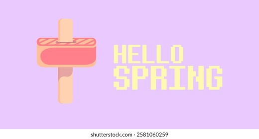 vector hello spring horizontal banner with flat melt ice cream isolated on violet sky background. Hello March Springtime background, poster, flyer and banner