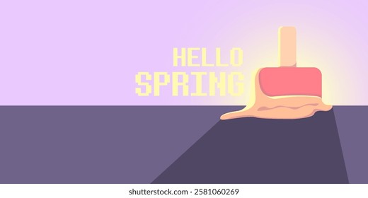 vector hello spring horizontal banner with flat melt ice cream isolated on violet sky background. Hello March Springtime background, poster, flyer and banner