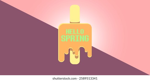 vector hello spring horizontal banner with flat melt ice cream isolated on pink sky background. Hello March Springtime background, poster, flyer and banner