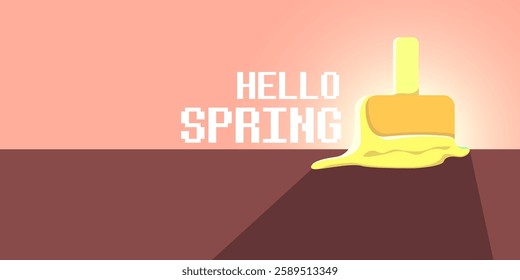 vector hello spring horizontal banner with flat melt ice cream isolated on pink sky background. Hello March Springtime background, poster, flyer and banner