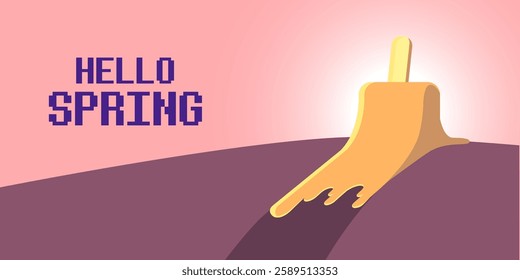 vector hello spring horizontal banner with flat melt ice cream isolated on pink sky background. Hello March Springtime background, poster, flyer and banner