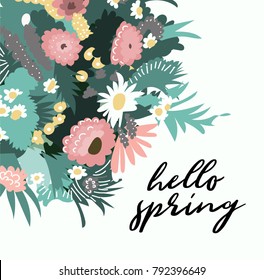 vector hello spring illustration. wild flowers bouquet. 