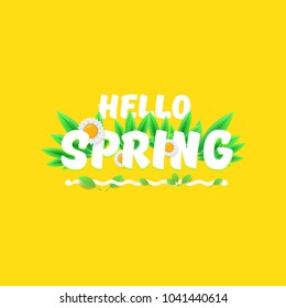 vector hello spring label with greeting text and spring flowers. hello spring slogan or label isolated on orange background