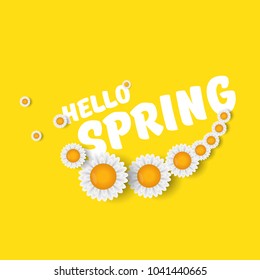 vector hello spring label with greeting text and spring flowers. hello spring slogan or label isolated on orange background