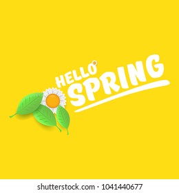 vector hello spring label with greeting text and spring flowers. hello spring slogan or label isolated on orange background