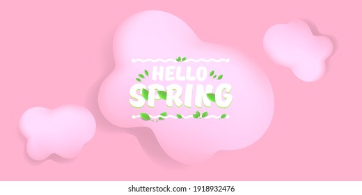 vector hello spring pink horizontal banner with text and flowers on soft pink sky background with pink clouds. hello spring slogan or label isolated on pink background