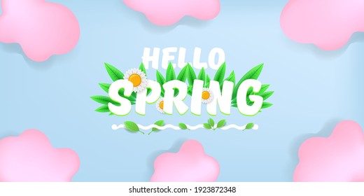 vector hello spring pink horizontal banner with text and flowers on soft blue sky background with pink clouds. hello spring slogan or label isolated on blue background
