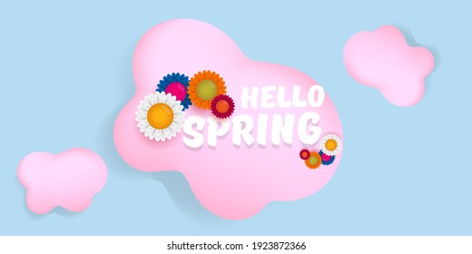 vector hello spring pink horizontal banner with text and flowers on soft blue sky background with pink clouds. hello spring slogan or label isolated on blue background