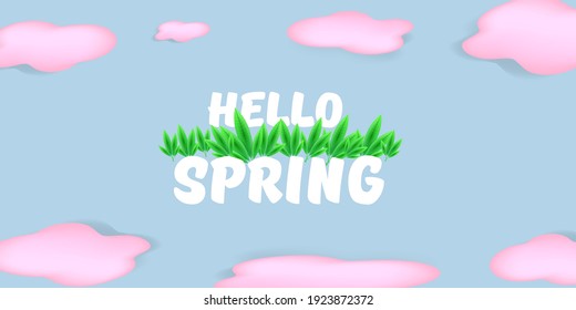 vector hello spring pink horizontal banner with text and flowers on soft blue sky background with pink clouds. hello spring slogan or label isolated on blue background