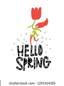 Vector Hello, Spring sign, emblem with hand drawn lettering and grey abstract shapes on white background. Typography vector design for greeting cards and poster