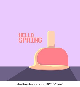 ilustración de concepto vintage de resorte vector hello con helado de fusión plana aislado en fondo de cielo violeta. Antecedentes o banner de primavera