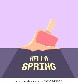 vector hello spring vintage concept illustration with flat melt ice cream isolated on violet sky background. Springtime background or banner