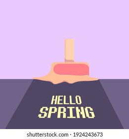 vector hello spring vintage concept illustration with flat melt ice cream isolated on violet sky background. Springtime background or banner